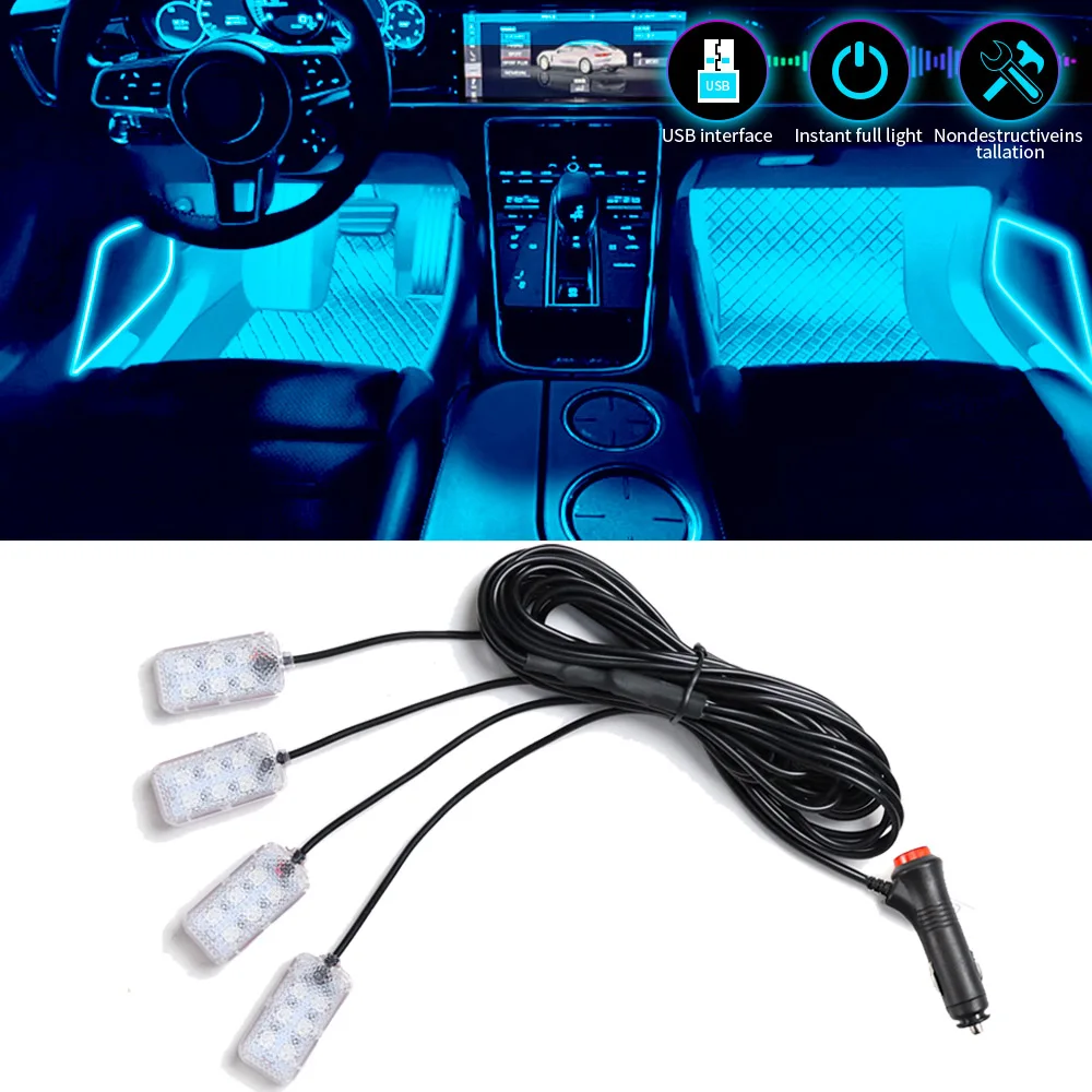 Led Atmosphere Foot Light Kit Car Assecories USB Lighter Light Interieurs Auto Interior Ambient Lamps with LED Light Ice Blue