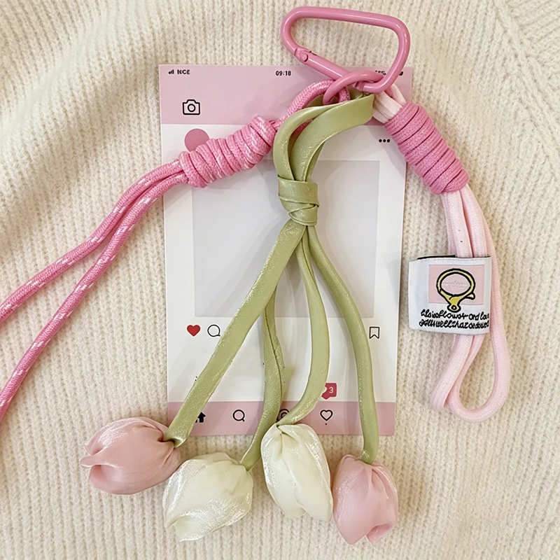 New Fresh Style Tulip Flower Bag Charm High Aesthetic Keychain Handbag Decorative Nylon Lanyard Sweet Spring Style