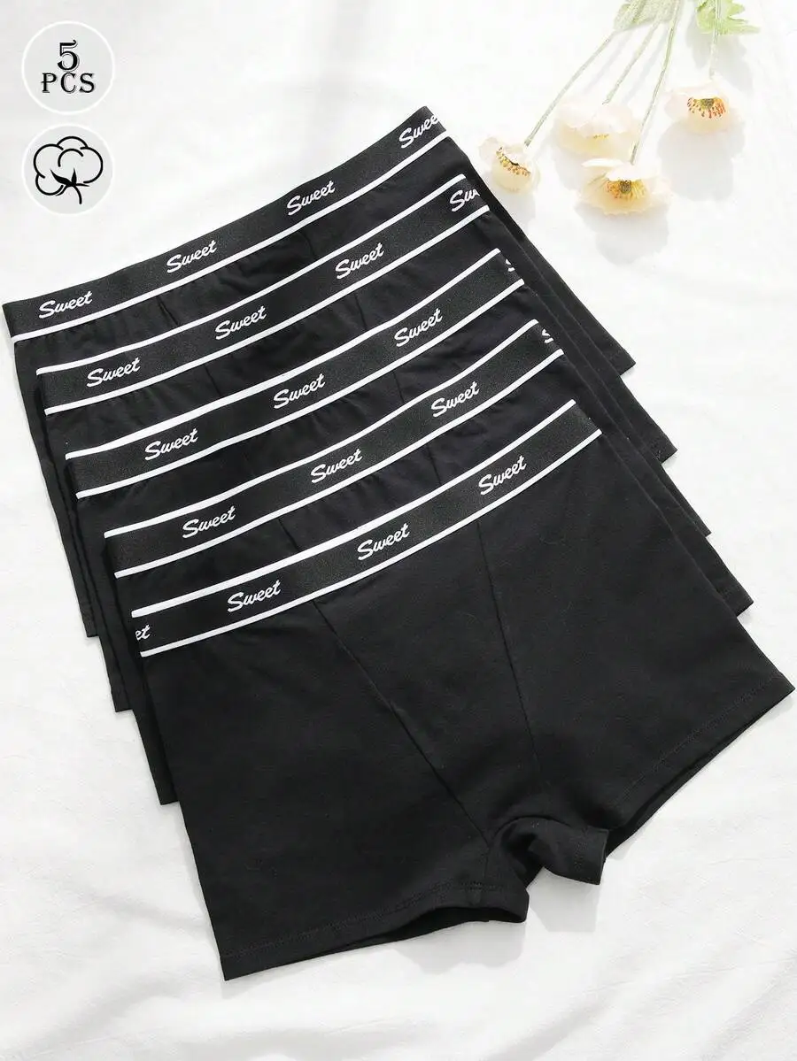 

5 Pack Black Cotton Boyshorts Comfortable Minimalist Low Rise Underwear For Daily Wear