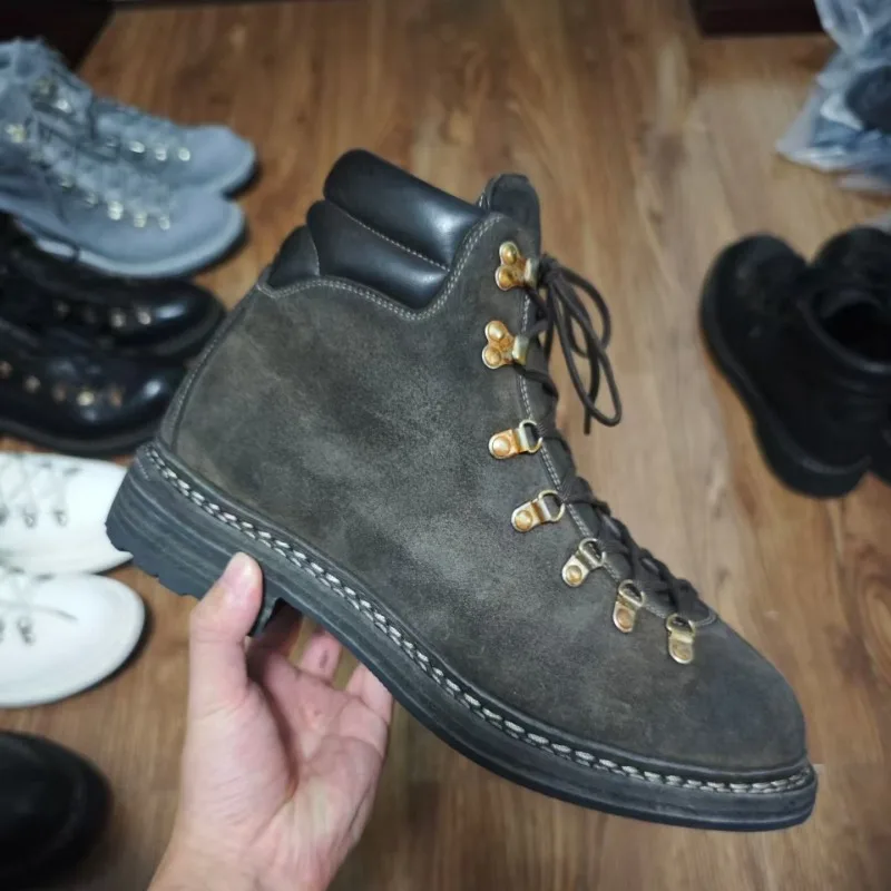 

Fashion Men's Suede Leather Riding Boots Rivet Mountaineering Shoes Lace-Up Metal Outdoor Mid-calf Western Hiking Boots