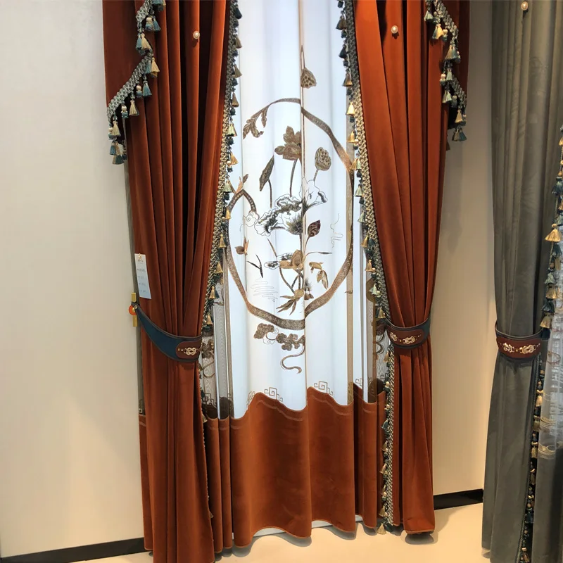 Custom Elegant retro luxury velvet study living room bedroom Caramel  cloth blackout curtain tulle valance drape C2103