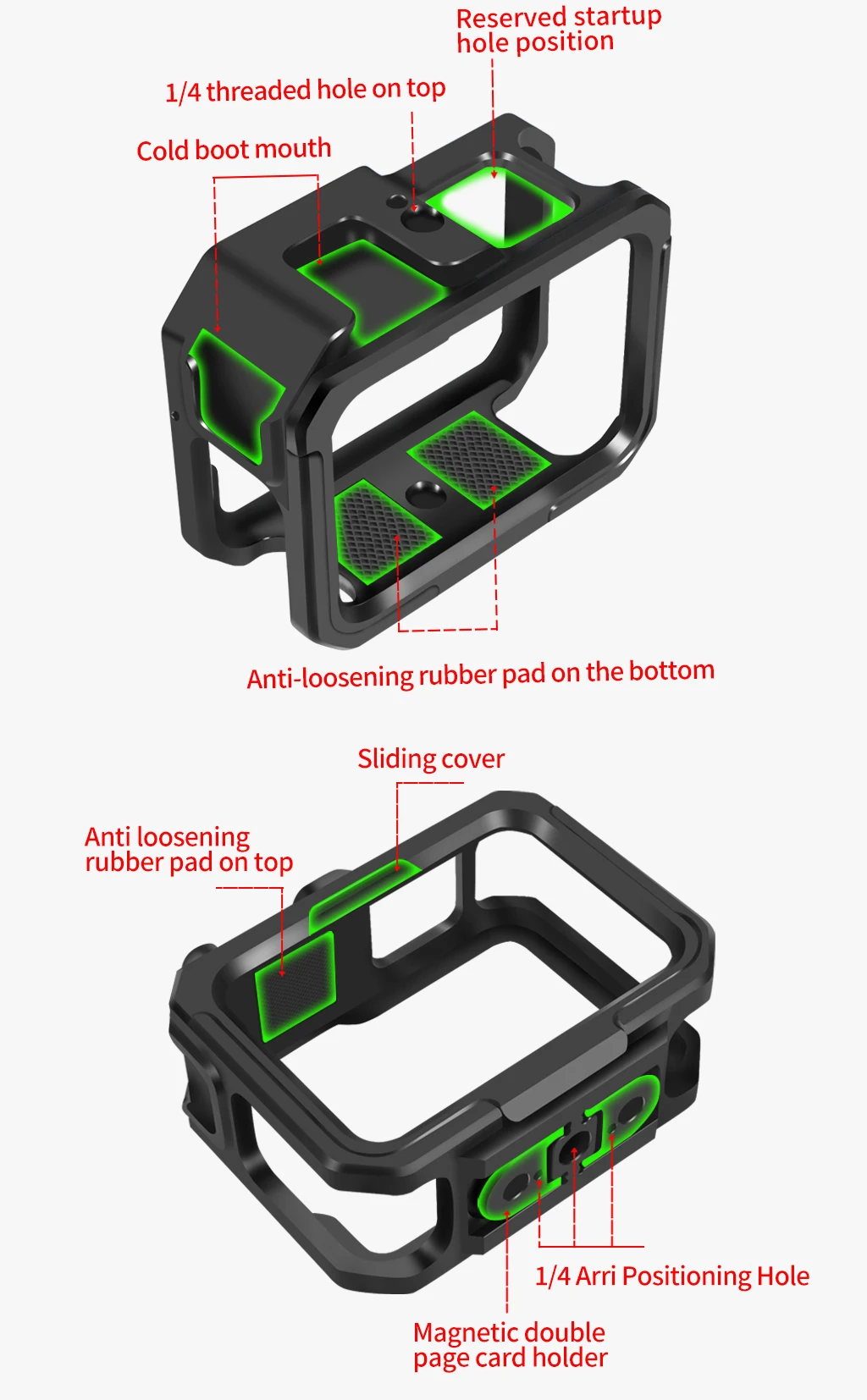 Aluminiumlegierungs-Kamerarahmenkäfig mit Cold-Shoe-Halterung, magnetischem, faltbarem Adapterhalter für GoPro Hero 13 11 10 Black Housing Rig – Detail 5