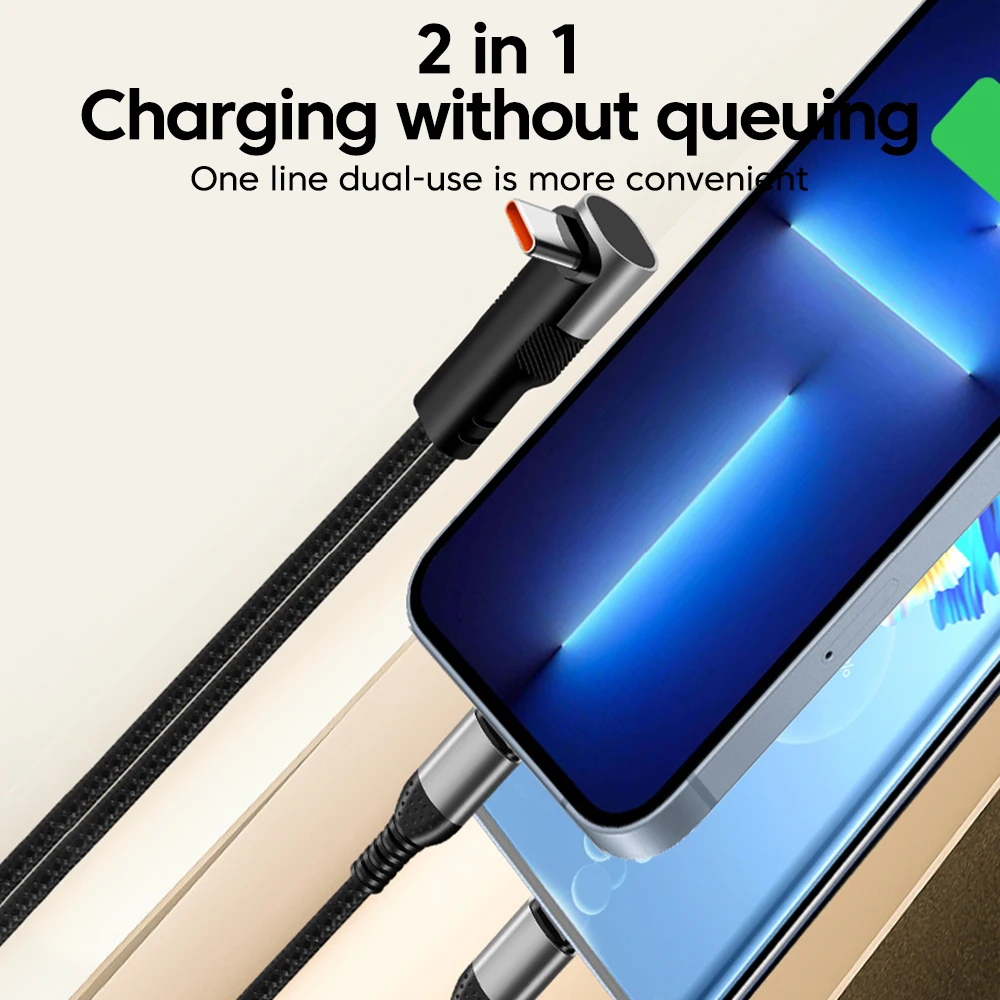 66 واط شحن سريع 2 في 1 كابل بيانات ستيريو الكوع نوع C إلى المزدوج نوع C كابل آيفون 15 16 سامسونج شاومي سلك شحن سريع #2