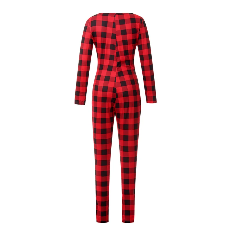 Women s Winter Overalls Checkered Playsuit Stretchy Lounge Cozy Full Sleeve Scoop Neck Snap Closure Burgundy Outfit