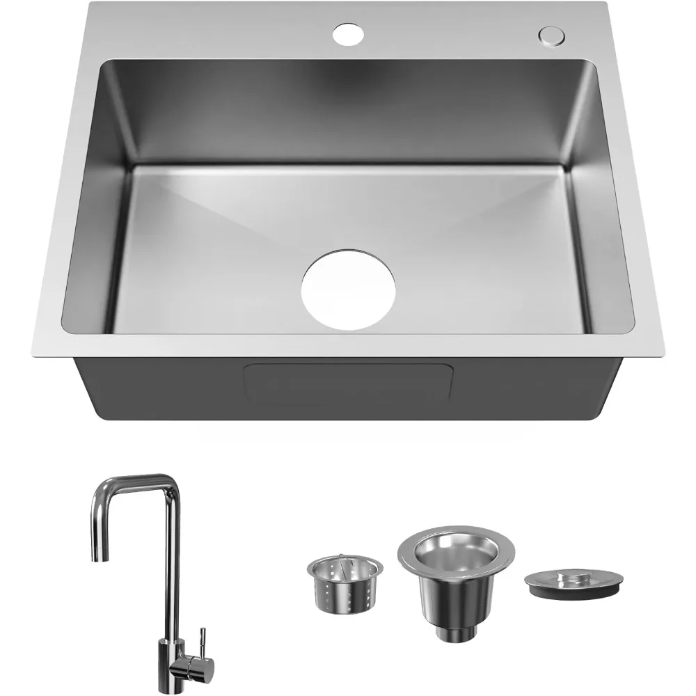 

Stainless Steel Single Bowl Kitchen Sink, 24x18, with Drain and Faucet Included