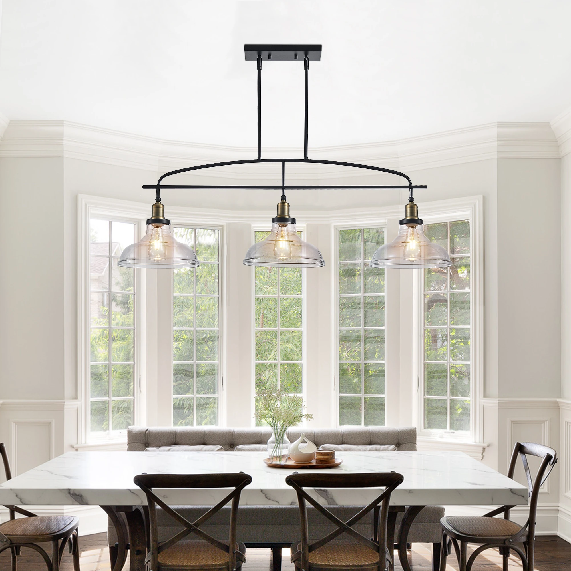 

45" Industrial 3-Light Pendant Chandelier with Clear Glass Shades,Black Metal Frame,Adjustable Height, Modern Lighting(Not Bulb）