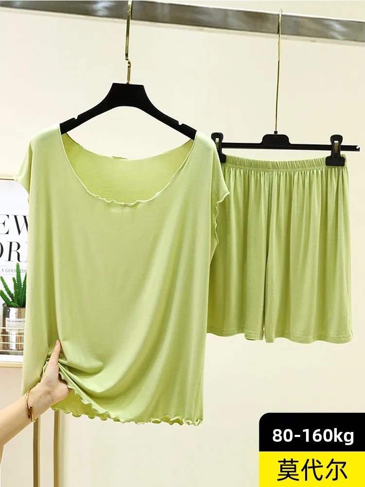 

plus Size Modal Sleeveless T-Shirt Set Women Summer Loose Home Clothes Slimming Lace Trim Top Shorts Two Piece Set
