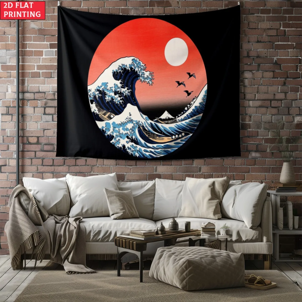 unframed Japanese Wave Sunset Tapestry Hokusai Inspired Art Wall Decor Zen Japanese Style Home Interior Design