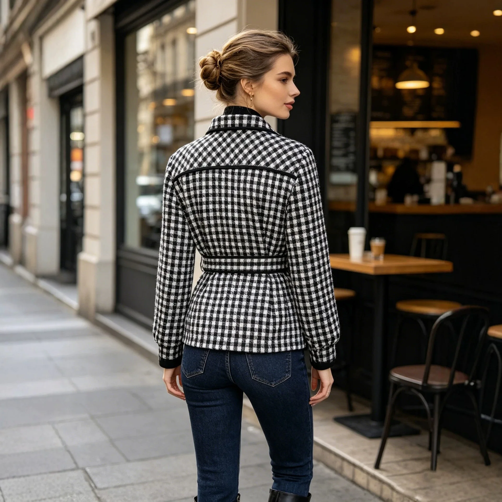 New Autumn/winter Collection: Black And White Plate Short Jacket With A Stand-up Necklace Adjustable Buttons, And A Drawstring