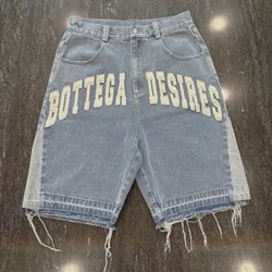 Y2K  Street Harajuku Letter Pattern Embroidery Baggy Denim Shorts Men American Style New Fashion Gothic High Waist Short Jeans