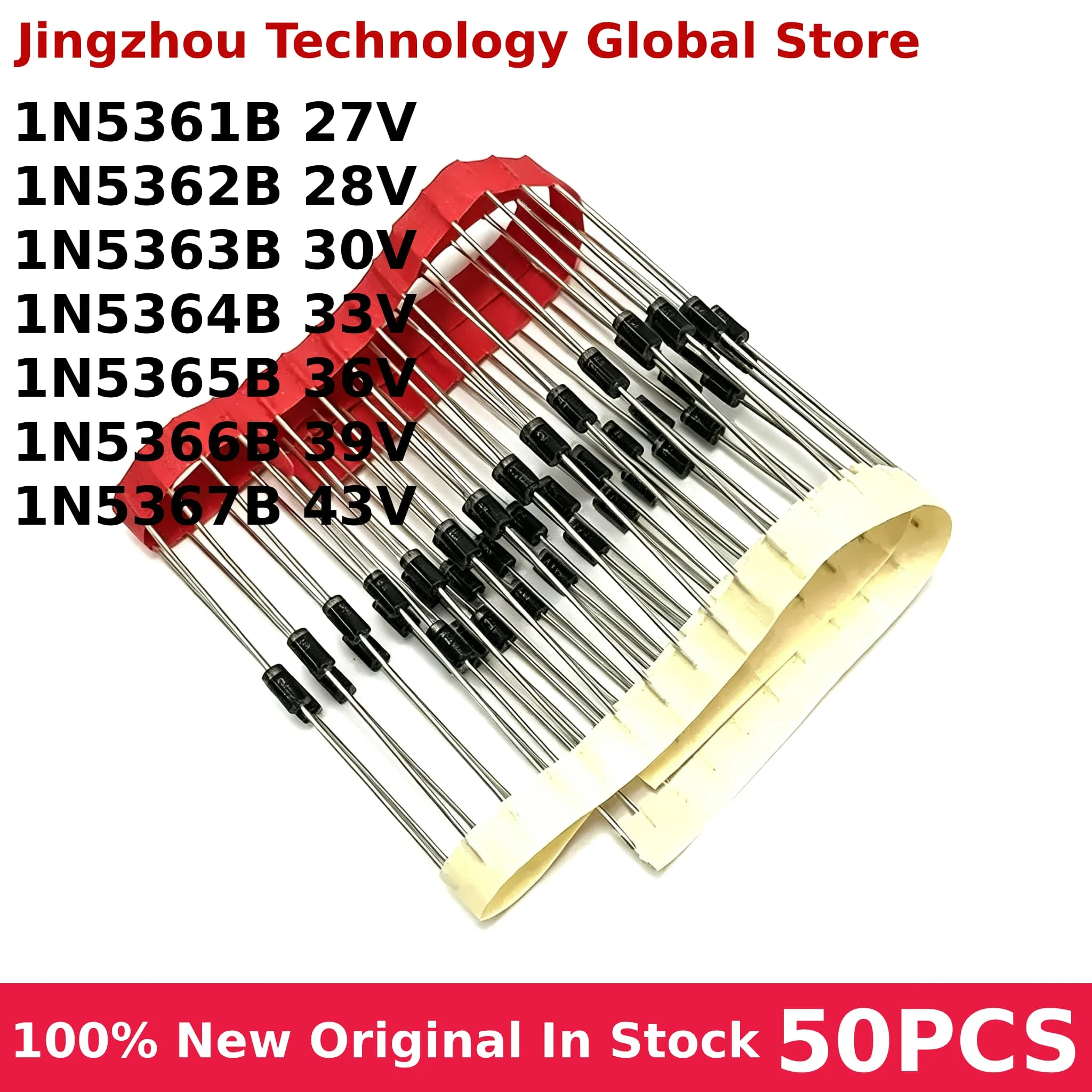50PCS 1N5361B 27V 1N5362B 28V 1N5363B 30V 1N5364B 33V 1N5365B 36V 1N5366B 39V 1N5367B 43V DO-15 IC Chips 100% New Wholesale