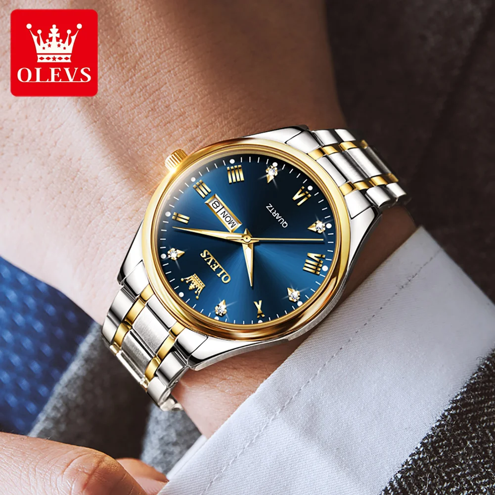 OLEVS 5563 Original Man Watch Stainless Steel Waterproof Dual Calendar Classic Business Diamond Scale Men's Quartz Wristwatches