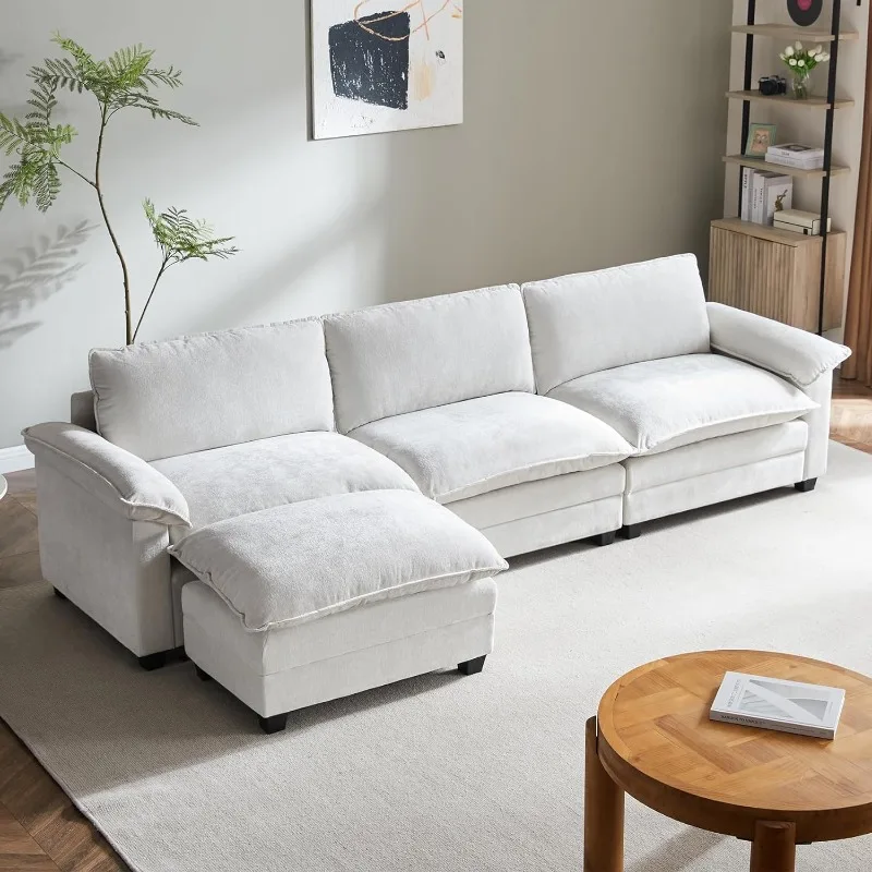 Sofá Chenille Sleeper em forma de L para sala de estar, sofá secional com otomano, 3 lugares, 120"