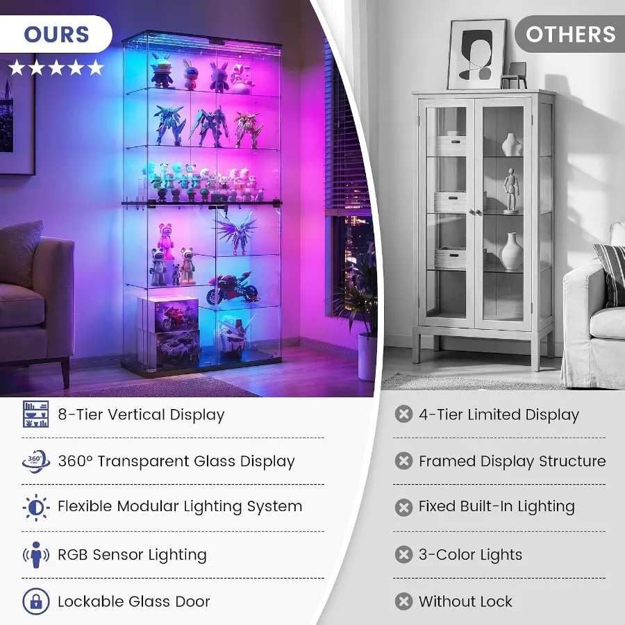 Full Glass Display Cabinet for Collectibles: Tempered Glass, Black, RGB Lights with Adjustable Brightness view 5