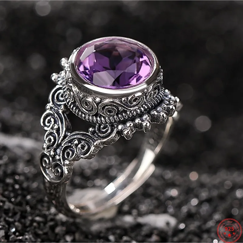 

Genuine S925 Sterling Silver Rings for Women Men New Fashion Auspicious Clouds Butterfly Round Amethyst Hollow Rings Jewelry