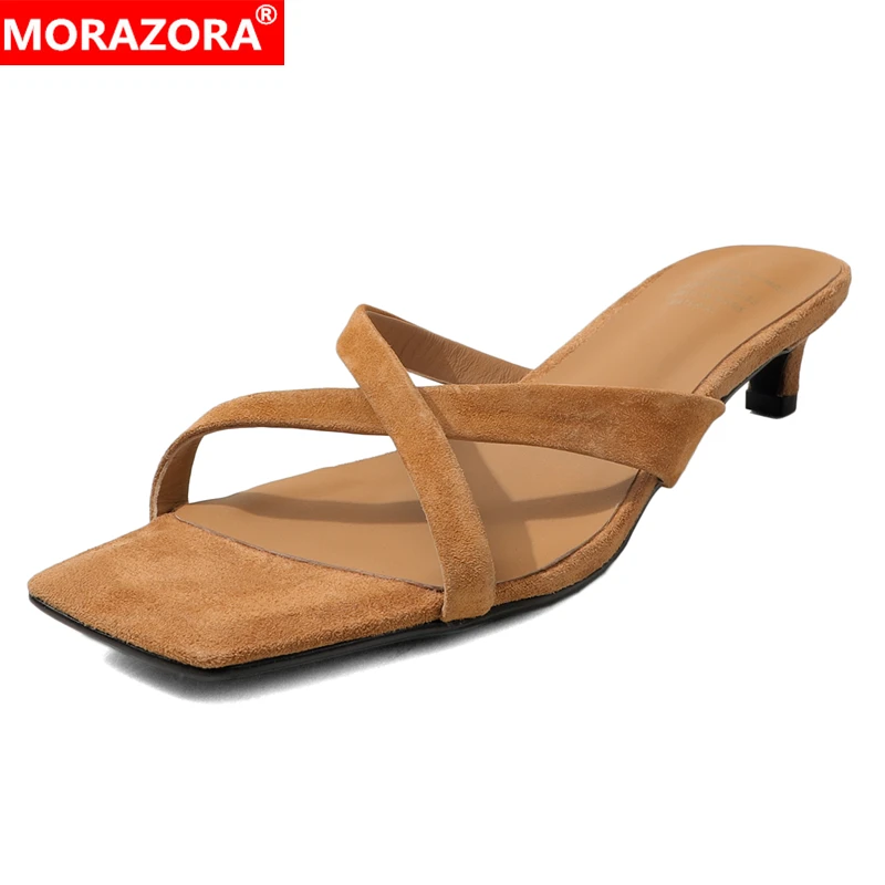 

MORAZORA Size 34-41 Genuine Leather Slippers Women Shoes Slip On Summer Slides Black Brown Mid Heels Fashion Party Dress Shoes
