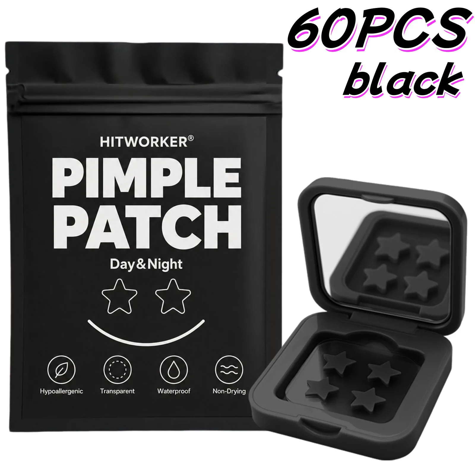 60pcs Black Star Hydrocolloid Spot Cover Patches With Portable Case, Face Stickers, Thin Easy Peel Skin Care