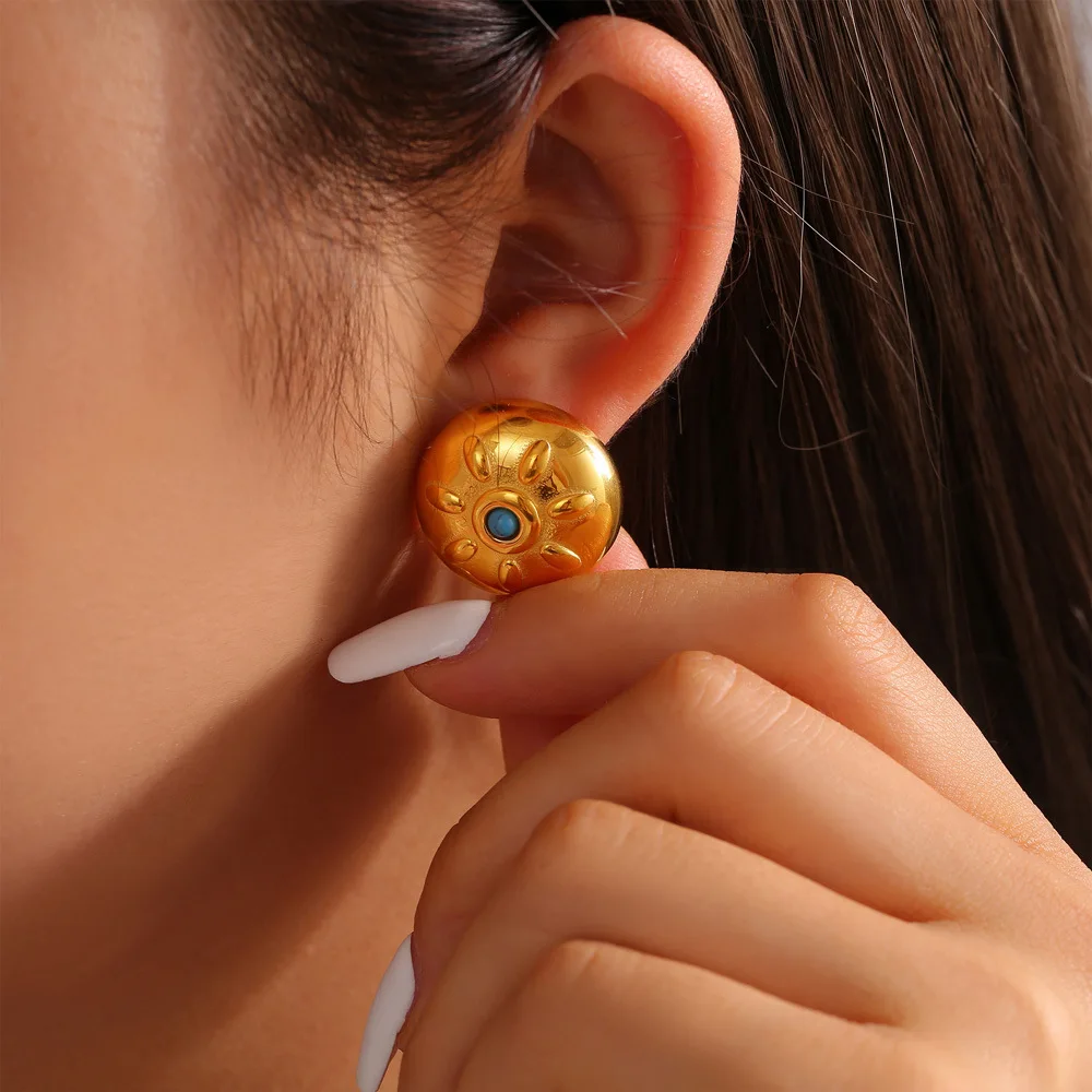 Charm Hemispheres Chunky Round Stud Earring Anti Allergic Metal Natural Stone Statement Geometric Hoop Huggie Earring Bijoux New