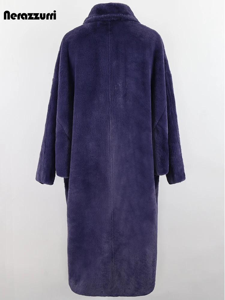 Nerazzurri Winter Long Oversized Thick Warm Purple Fluffy Faux Fur Coat Women Chic Luxury Designer Runway Chinese Fashion 2022