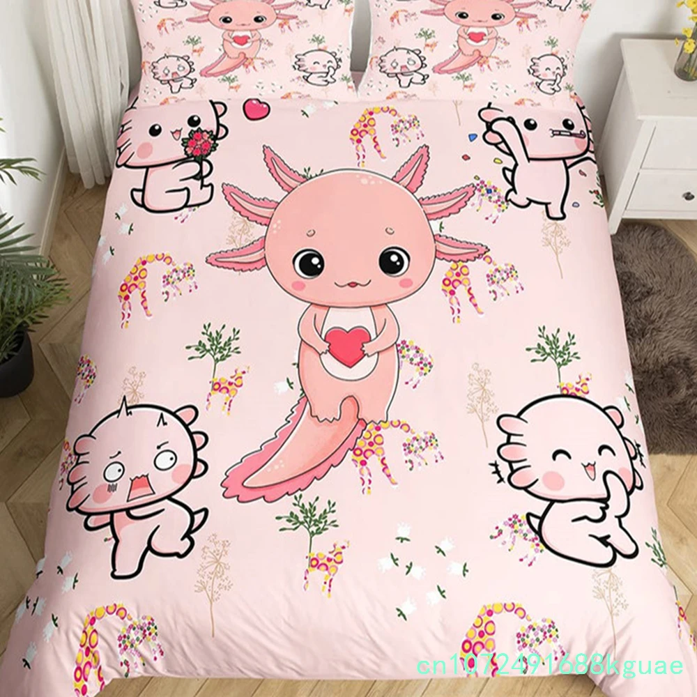 Kawaii Axolotl Bedding Set Queen For Girls Boys Teens Cute Cartoon Reptiles Animal Duvet Cover Galaxy Starry Sky Comforter Cover