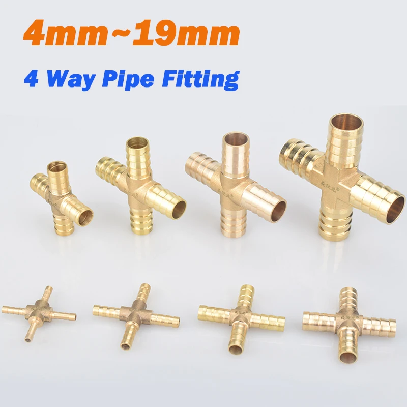 Leijiu 4mm~19mm 4 Way Hose Barb Connector Joint Shaped Brass Pipe Fitting Copper Barbed Coupler Adapter Coupling Pneumatic