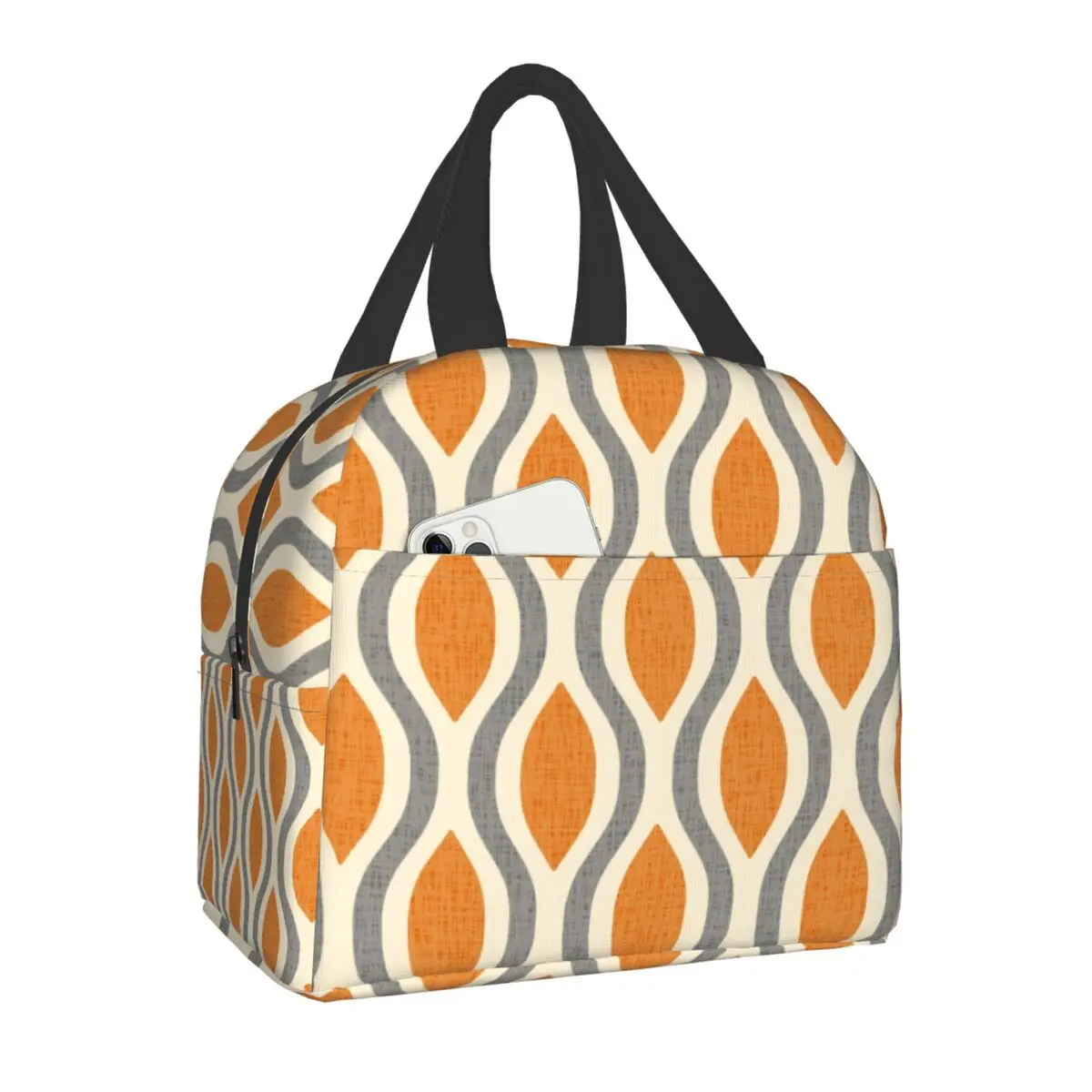 Orange Shining Looped Hexagons Carpet Insulated Lunch Bags for Women Kids School Vintage Geometric Thermal Cooler Bento Box