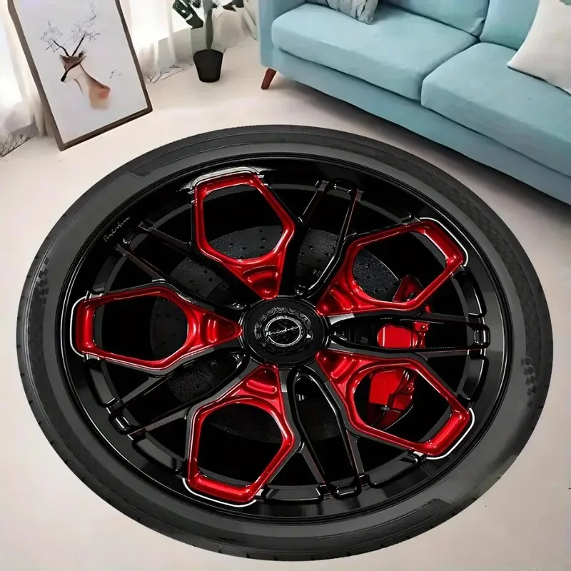 Unique Tire-Shaped Area Rug, Golden Alloy Rim Car Wheel Carpet Realistic 3D Design for Auto Lovers Non-Slip Rug for Living Room