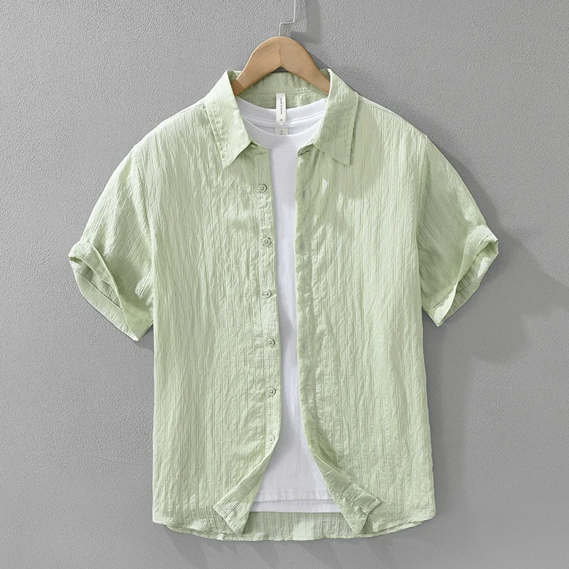 

Korean Style Mens Short Sleeve Green Shirt Fresh Summer Tops for Men Lapel Casual Texture Stripes Shirt Daily Breathable Clothes