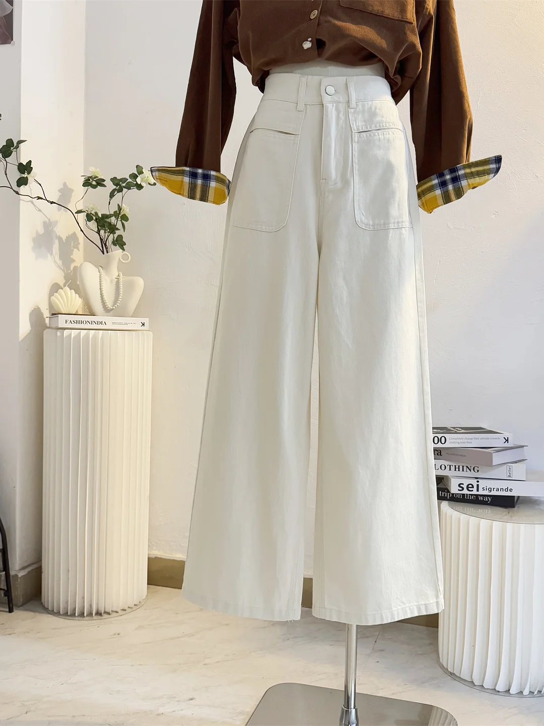 Khaki Washed Cotton Wide Leg Pants Women's High Waist Straight Loose Casual Pants Draping Floor-Length Trousers
