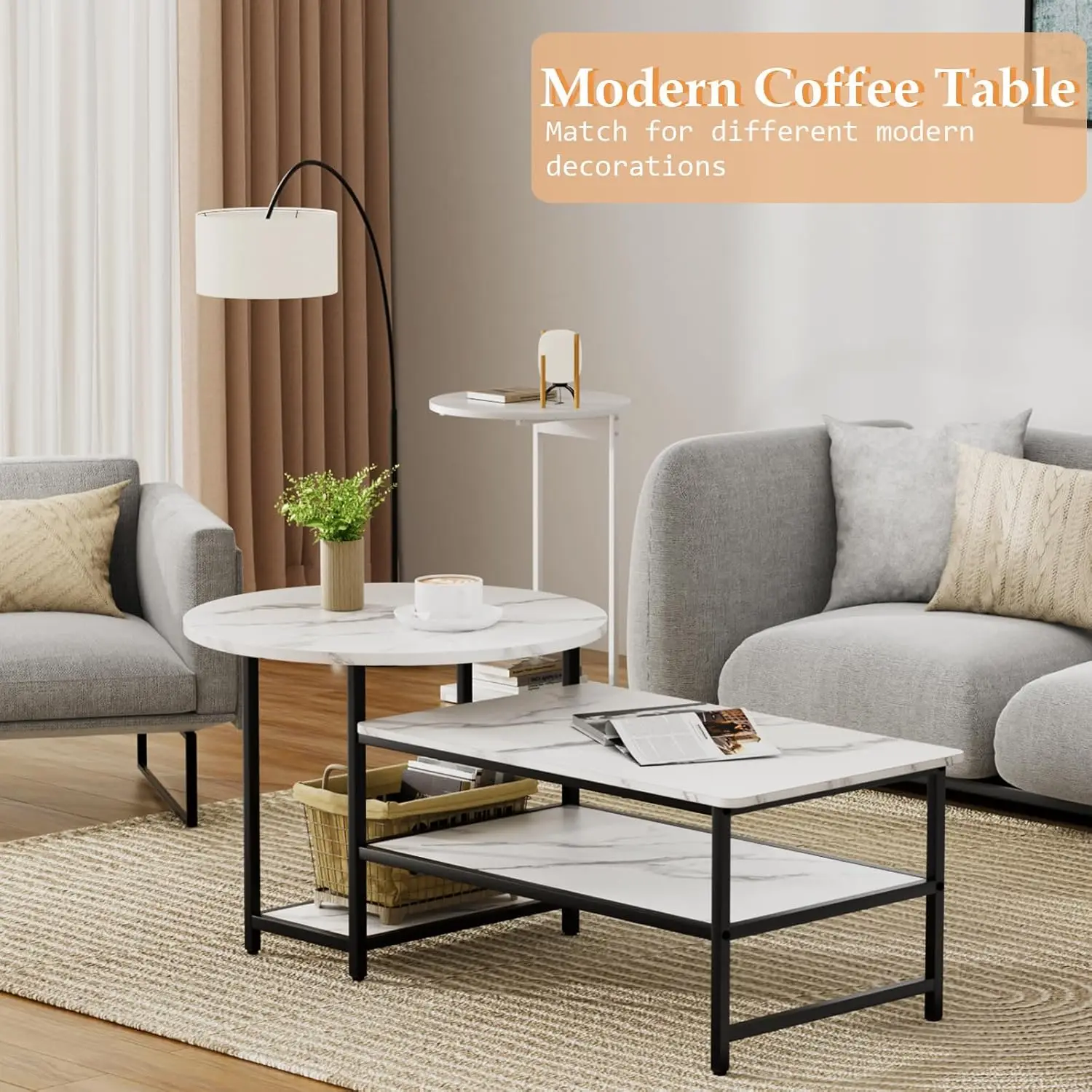 Coffee Table, White Modern Coffee Tables for Living Room, Detachable 2 Small Coffee Tables, Faux White Marble