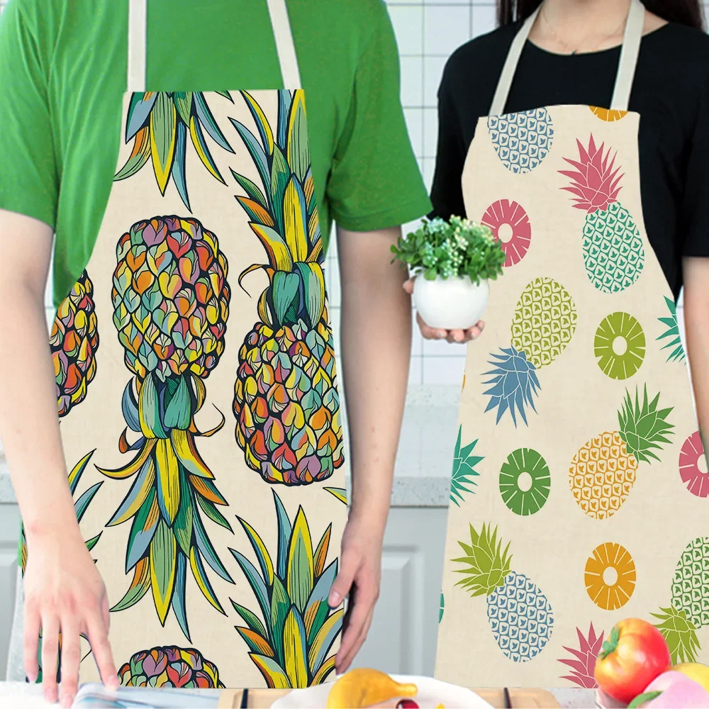 Delantales de limpieza sin mangas para adultos, delantal de algodón y lino con estampado de piña para Cocinar en casa, ropa de cocina, baberos, 1 piezas