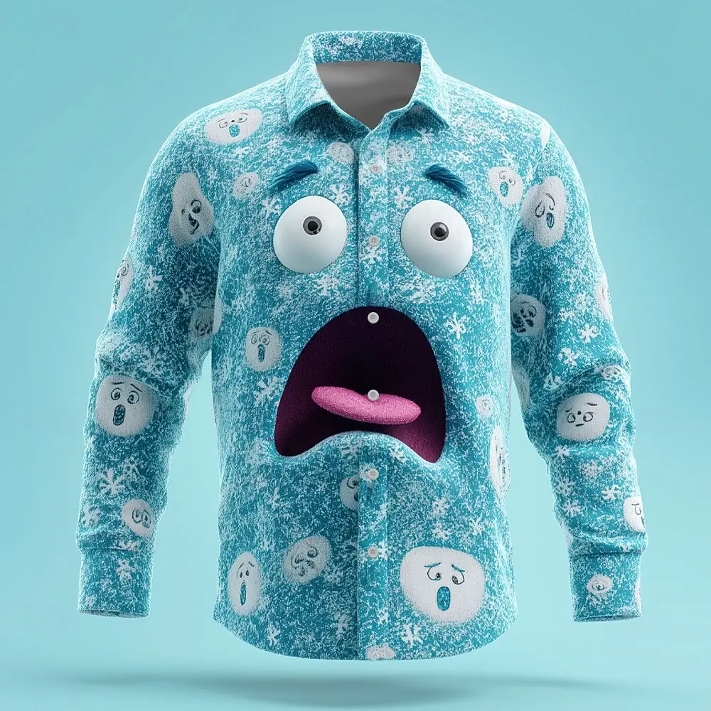 Men's Long Sleeve Shirt 2025 Christmas Men's 3D Cartoon Snowflake Funny Face Shirt Casaul Streetwear Comfort Slim Fit Shirts