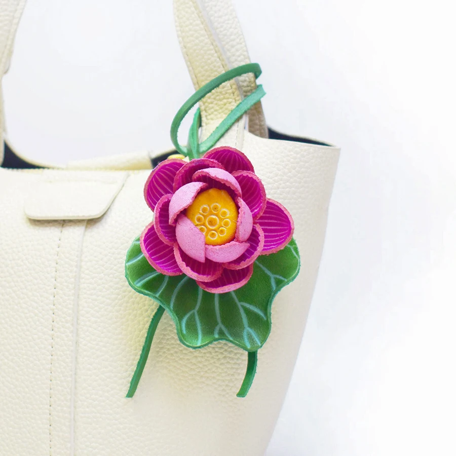 Lotus Flower Bag Pendant Cowhide Leather Design Exquisite Handmade Simulation Flower Pendant Keychain Bag Charm