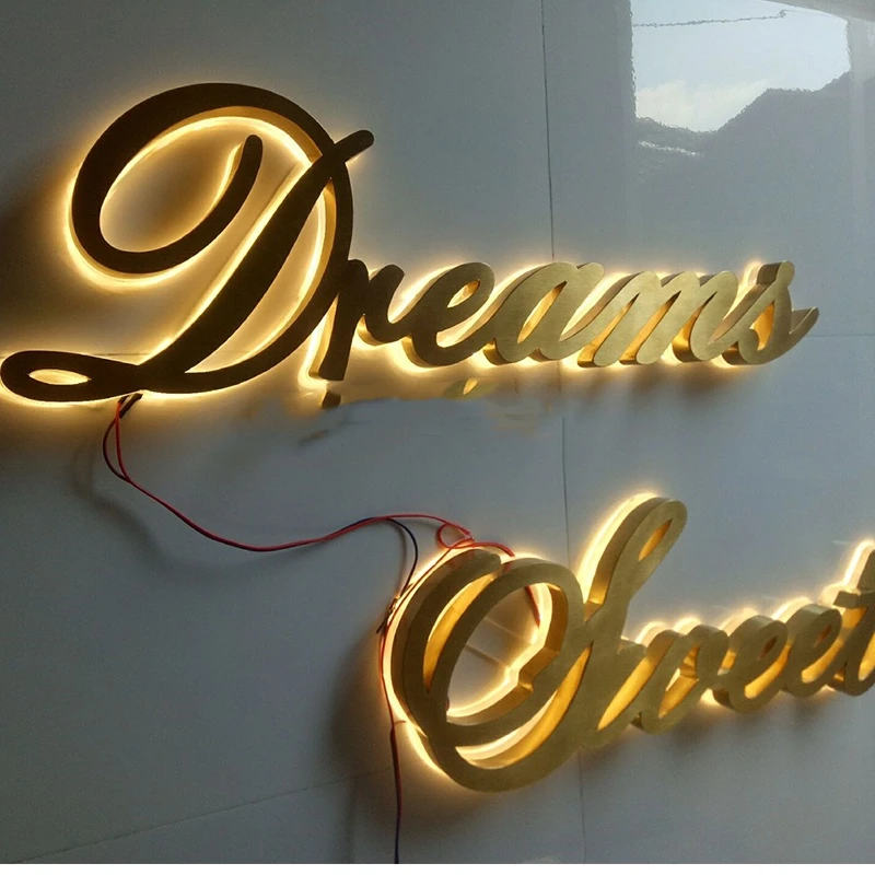 Customized Gold Color Stainless Steel Backlit Shop Hotel Facade Sign,Custom Made Outdoor Rear Lit Store Desk Sign LED letters