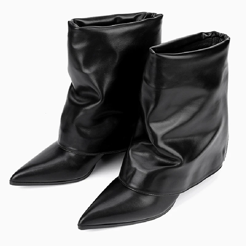 

Pleated Design Wedges Winter Ankle Boots for Women Soft Leather Pointed Toe Back Zipper Short Boots Elegant Autumn Women's Shoes
