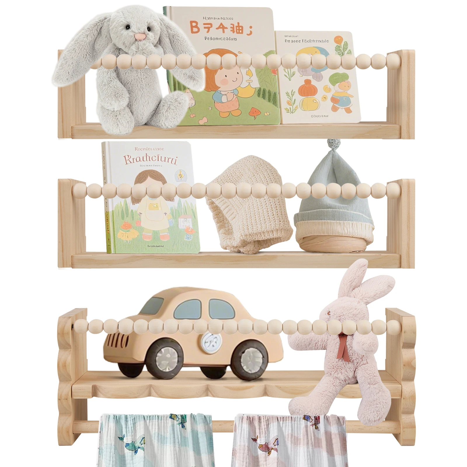 3 SZT./ZESTAW Półki na książki dla dzieci, regał 40 cm, półki ścienne wiszące, półka Montessori do książki i zabawek dla dzieci