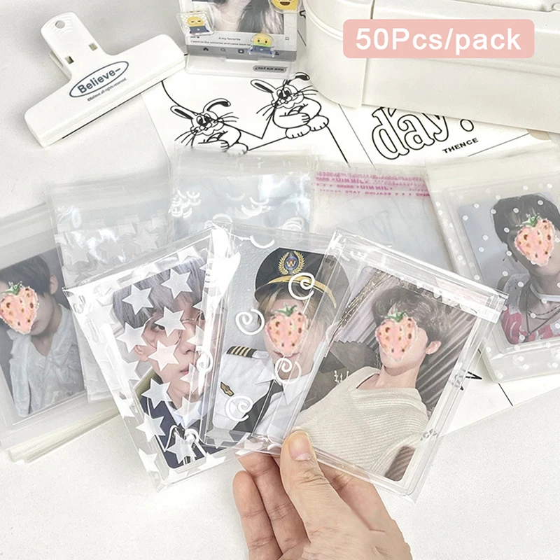 Bolsa transparente autoadhesiva para tarjetas fotográficas, bolsa de almacenamiento protectora para tarjetas fotográficas de Kpop Idol, 50 unids/lote por paquete