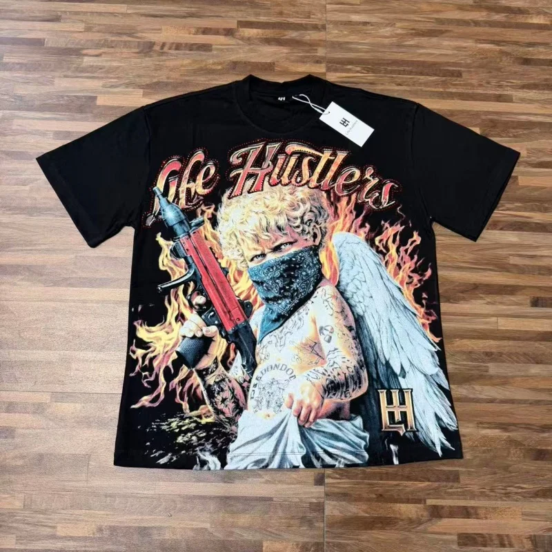 Streetwear Life Hustlere Gun Fire Angel Print T-Shirts Summer Loose Trendy Life Hustlere Men Women Top Tee Short Sleeve