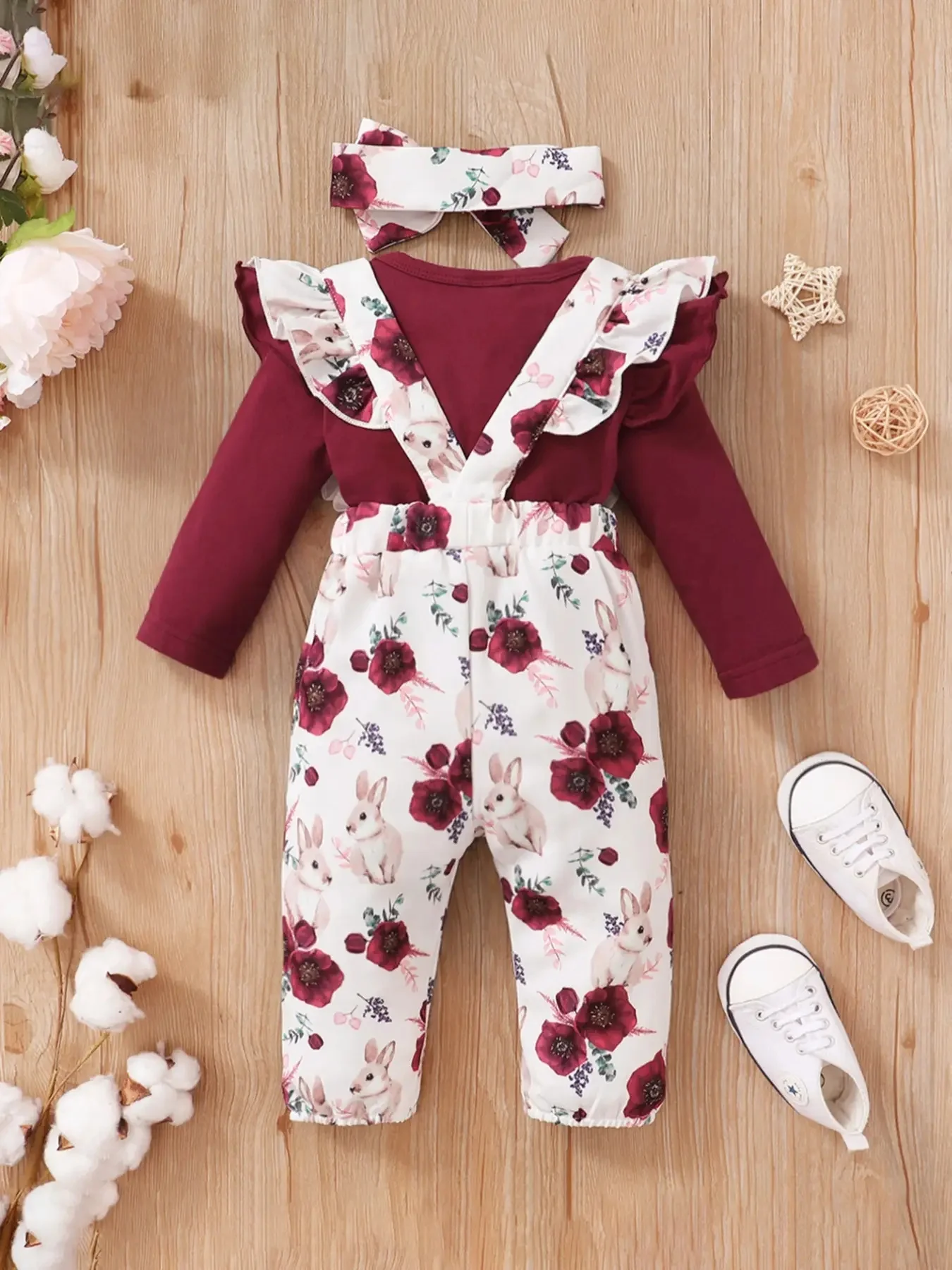 Winter  Newborn  Infant  Baby  0-12M  Girls  Cotton   Long  Sleeves  Headband   Rabbit   Print    Pants  Fashion  Baby  Clothing