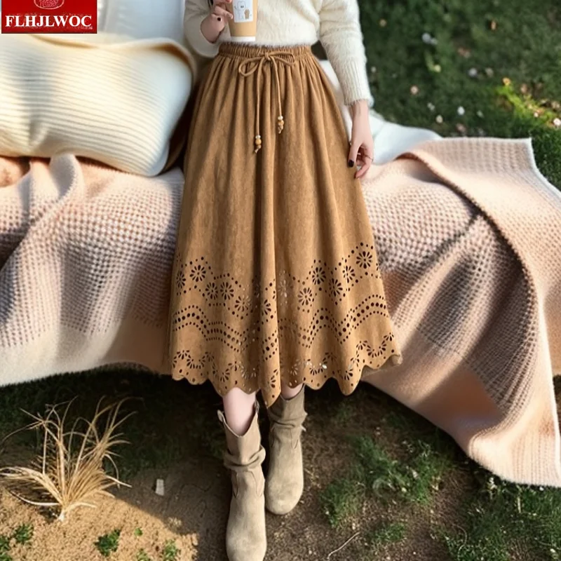 Suede Skirts Autumn Winter Woman Cute Girls All-Match Chic Korea Hollow Out Bow Tie High Elastic Waist A Line Crochet Skirt