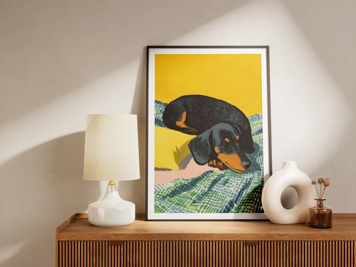 Serene Sleeping Dachshund Linocut Wall Art - Timeless Print Celebrating Feline (Canine) Rest. The Bright Yellow Backdrop and Bol