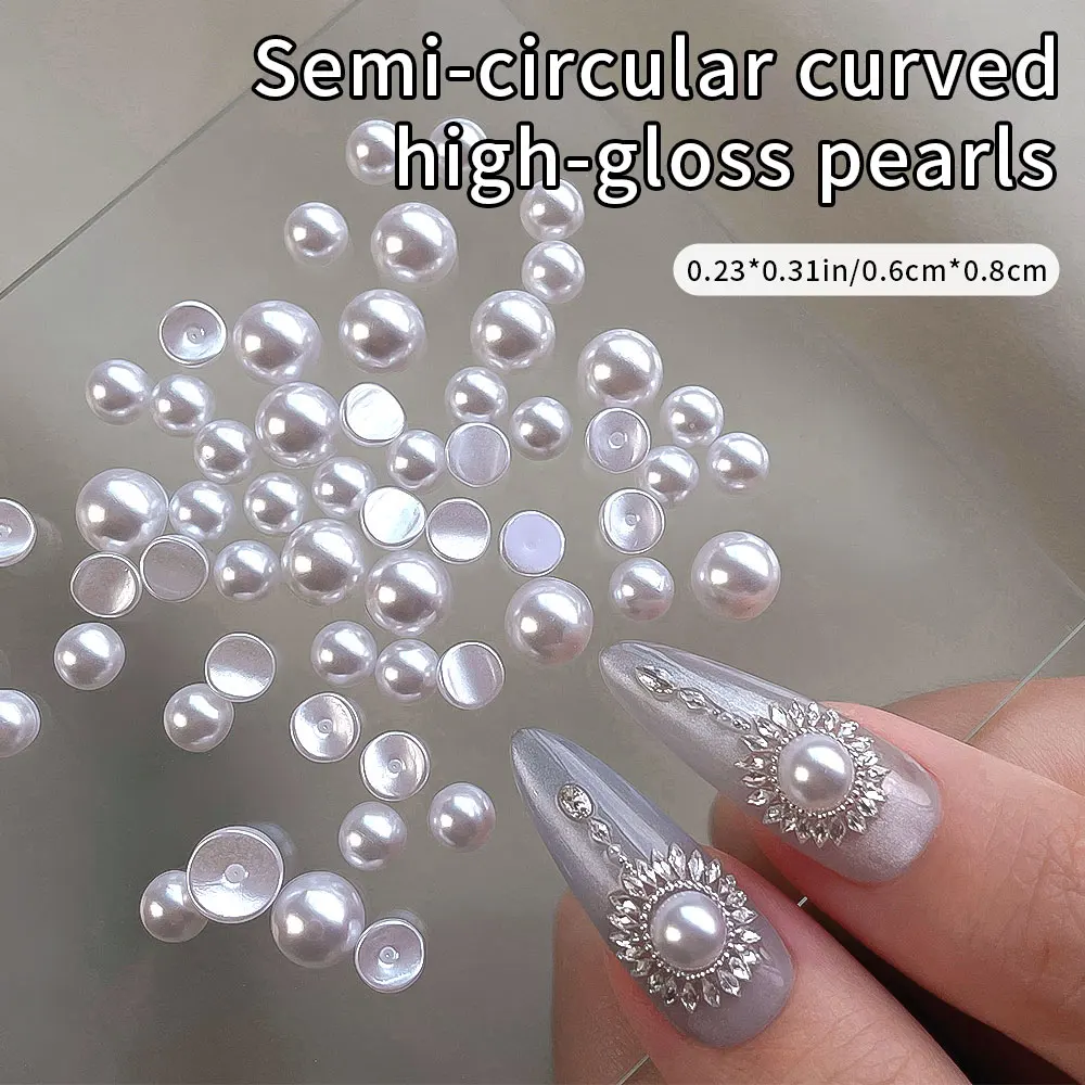 70PCS Mix 6mm 8mm White Curved Acrylic Pearl Round Imitation Pearl ABS Half Pearls For Clothes Nail Art Decoration Accessories