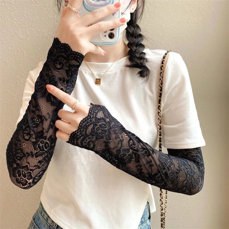

1pair Women Ice Sleeves Elastic Arm Sleeves Fingerless Long Gloves Lady Lace Arm Sleeve Sun Protection Arm Cover Fake Cuff