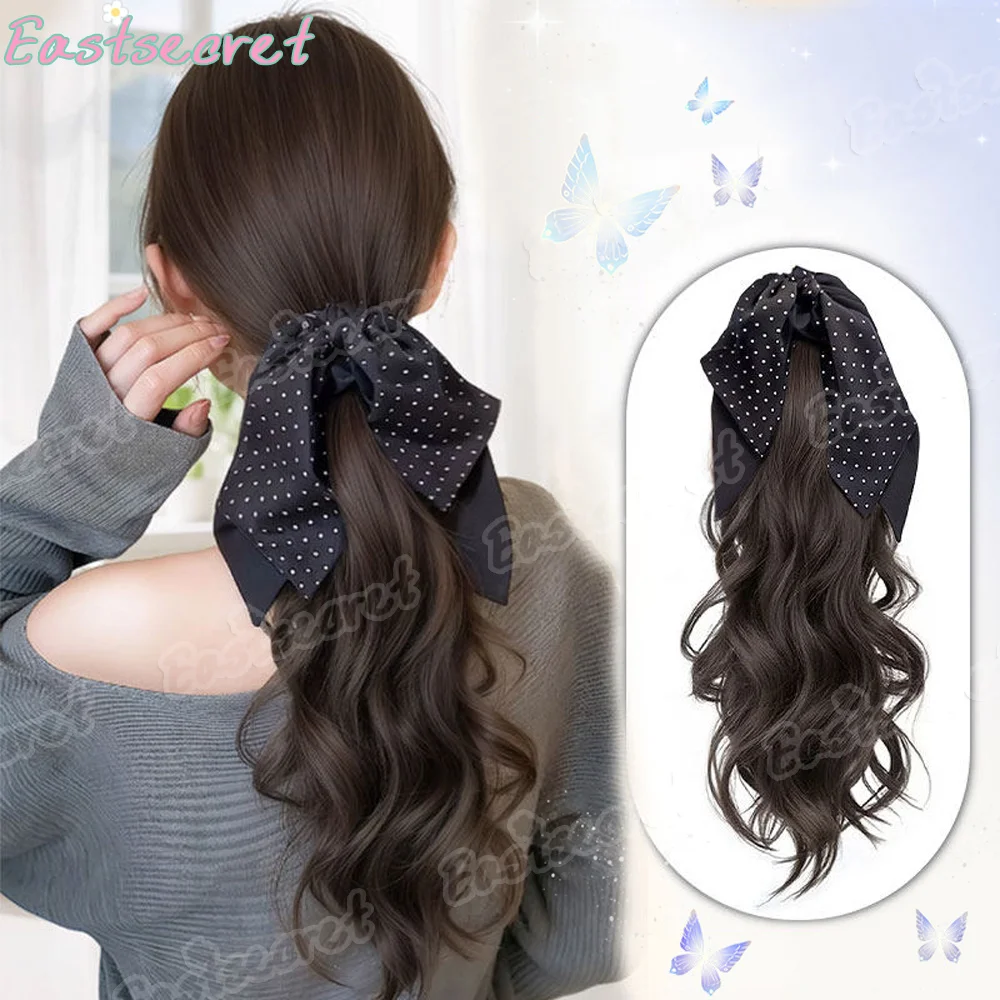 

Women's Korean-Style Long Curly Ponytail Synthetic Wig-Braided Hair Accessory with Polka Dot Bow & Mini Claw Clip For Daily Wear