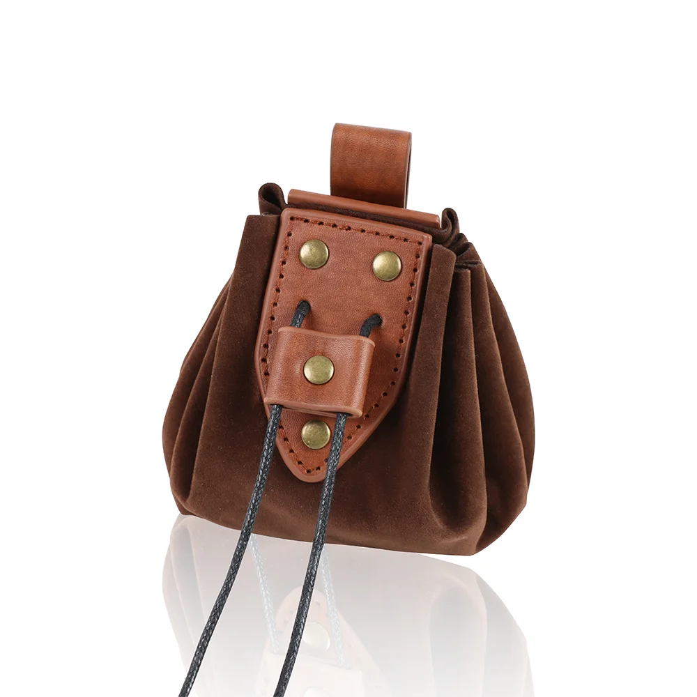 Vintage Medieval Faux Leather Coin Purse Drawstring Pouch for LARP Waist Bag Hanging Belt Coin Purse Cosplay Props