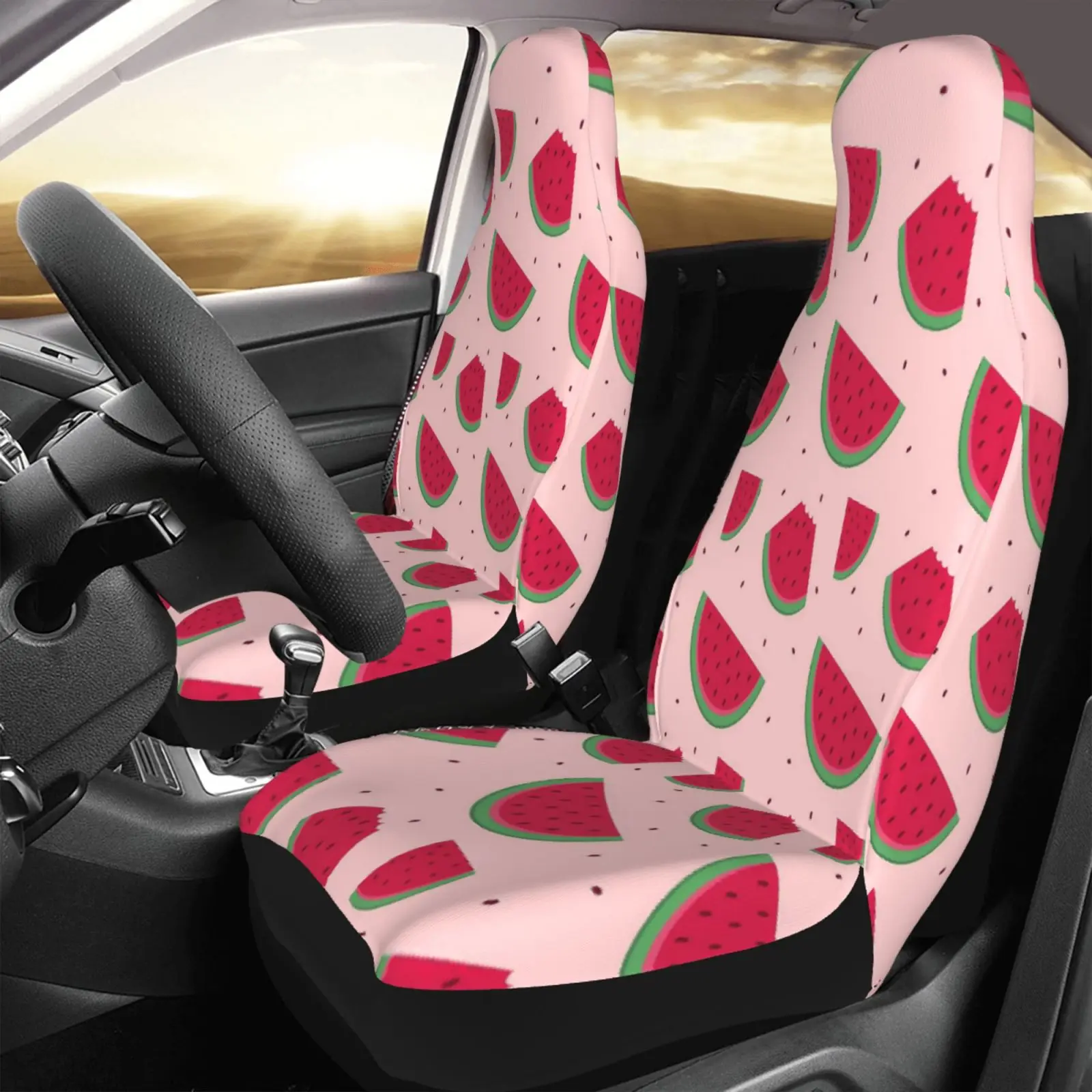 Summer Refreshing Watermelon Print Car Seat Cover - 2-piece Set for Car Seat Protection Car Accessories with Anti-slip Function