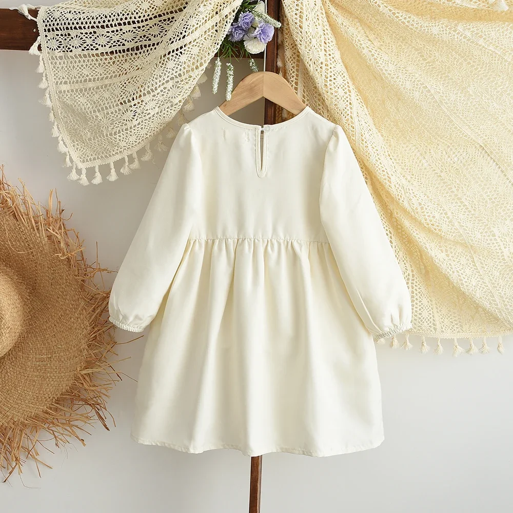Beige Mädchen Freizeitkleider Herbst Langarm Schleife Dekoration Prinzessin Kleid Modische und einfache Freizeitkleidung für Kinder – Detail 3