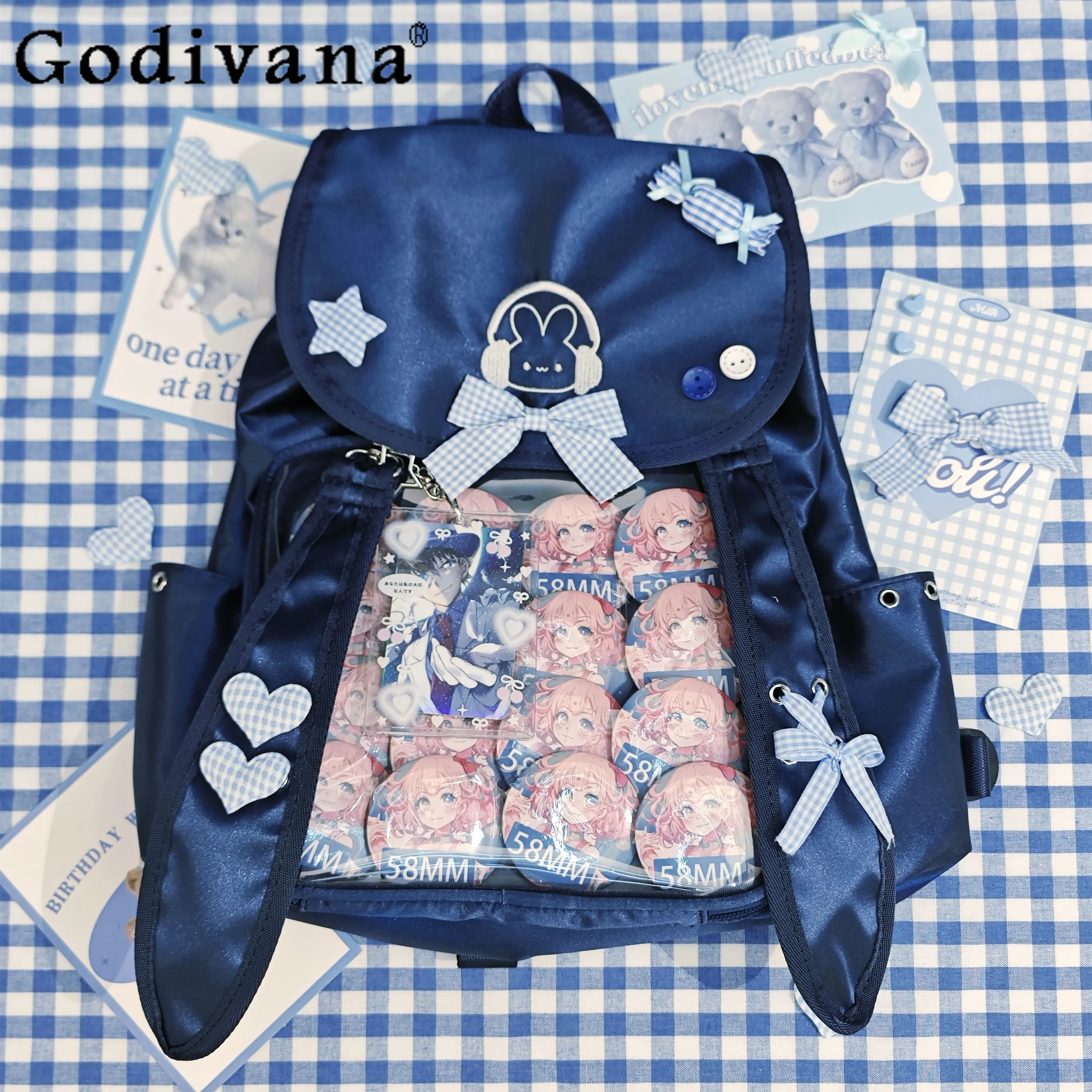 

2D Japanese Original Lolita Backpack Satin Large Capacity Student Cartoon Anime Cute Daily Commuting Casual School Bag
