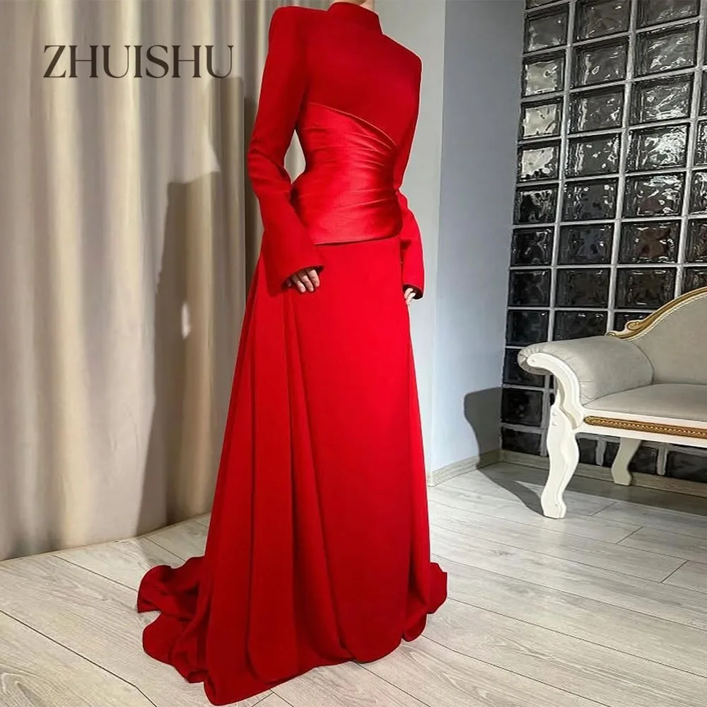 

ZHUISHU красное вечернее платье с высоким воротником и длинными рукавами, скромные платья для торжественных мероприятий, женское платье по индивидуальному заказу для банкета, ужина, свадьбы