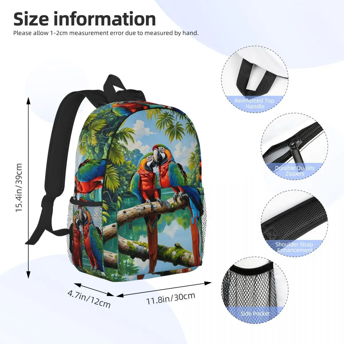 Cute Macaw Parrots Backpack Daypack Large Capacity Boys Girls BookBag Shoulder Bags for Men Women Children School Bag
